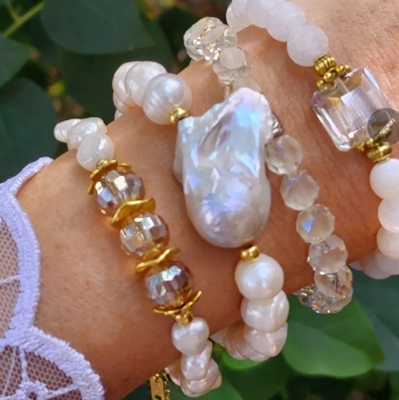 4 Bracelets Jewelry Set Stacking Bar Baroque Pearl 14K Gold plated Jewelry - Picture 10 of 11